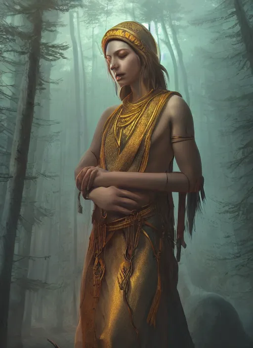 Prompt: Beautiful art portrait of male priestess in a bright temple surrounded by dead forest, atmospheric lighting, intricate detail, cgsociety, hyperrealistic, octane render, RPG portrait, ambient light, dynamic lighting