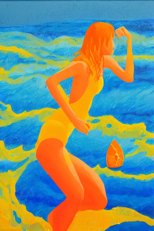 Prompt: a Acrylic painting of a girl ,summer ,water,wave , orange and orange slices,blue theme and Yellow accents,Colour composition by Kenya Hara