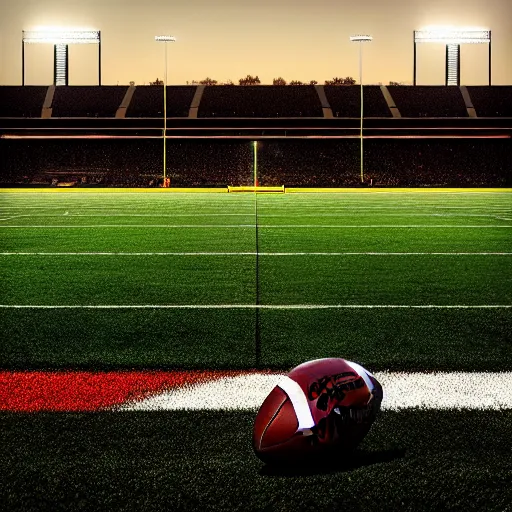 Prompt: american football on a football field with stadium light, epic, hyper realistic award winning sports photography, centered symmetrical composition with border, volumetric lighting