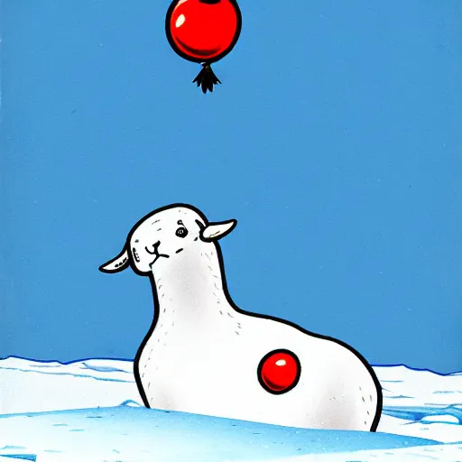 Image similar to cartoon drawing of a seal tossing a red ball with a sheep in antarctica. the seal's head is sticking out above the water and the sheep is standing near the edge of ice