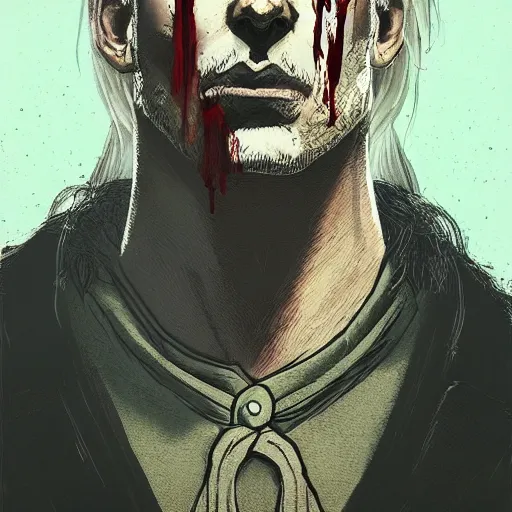 Image similar to portrait of geralt of rivia with bloody clothes, intricate face, cel shaded, edited in photoshop, scary, epic, ilya kuvshinov, krenz cushart, artgerm, trending on artstation, edward hopper, dan mumford, wlop, rutkowski, beksinski, carl spitzweg, moebius