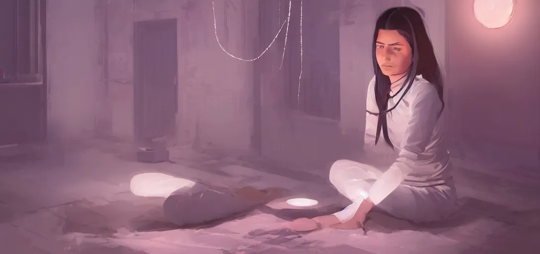 Image similar to Young Himalayan woman sitting concerned in an empty room with loneliness using psychic powers to make a lighter float| night time scene, plain walls |somber white eyes, long ashy hair | gentle lighting, futuristic, dim lighting, digital art by Makoto Shinkai ilya kuvshinov and Wojtek Fus, digital art, concept art,