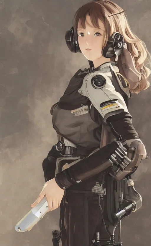 Prompt: pilot girl, cyborg aircraft parts, anime style, vintage pilot clothing, shoulder eyes, last exile anime, hair down, symmetrical facial features, from arknights, hyper realistic, 4 k, rule of thirds, extreme detail, detailed drawing, trending artstation, realistic lighting, by alphonse mucha, greg rutkowski, flight instruments