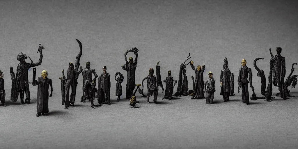 Image similar to miniature figurines of lovecraft's elder gods, detailed, tilt shift, product photography