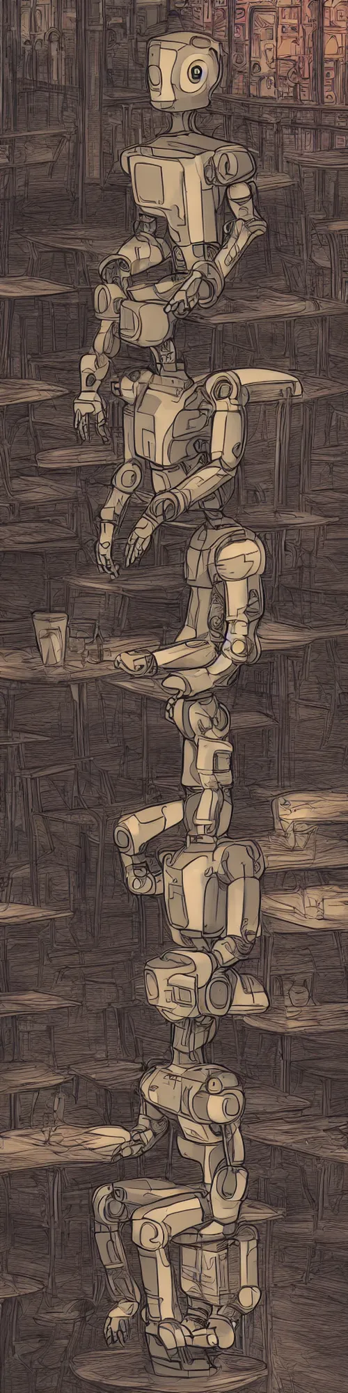 Prompt: hiper realistic humanoid robot inspired in xiaomi's humanistic robot in the shape of kid robot armor, having a drink in a table outside of a bohemian bar in south america, in the style of baiolux labs illustration, highly detailed, film, daylight, golden hour, cold press print