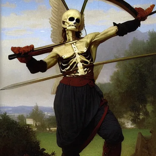 Prompt: portrait of a fully armed skeleton archer with big sword, wearing helmets and armor with wings, symmetrical, solemn, sacred, aura, by bouguereau