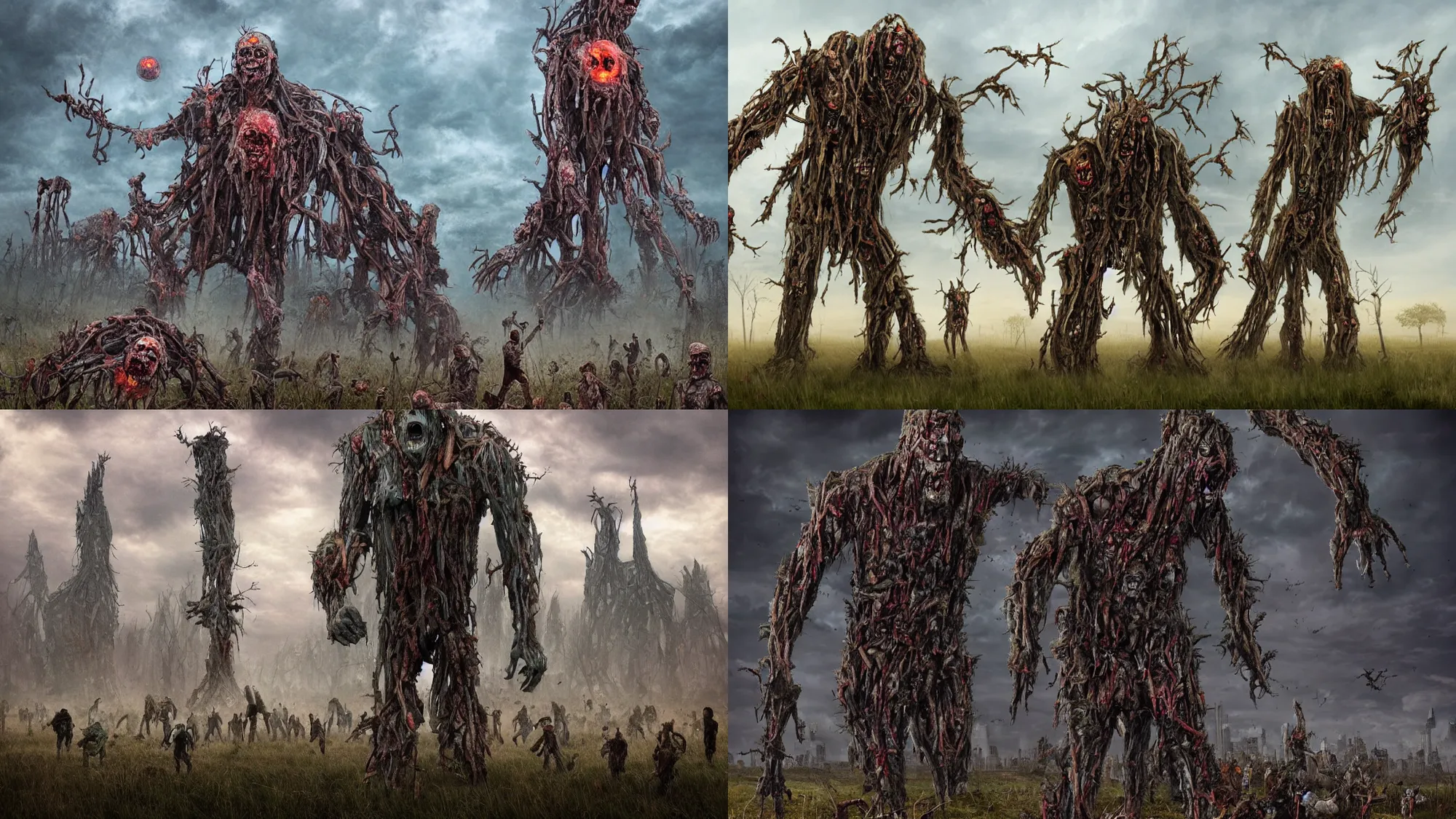 Prompt: towering giant made of zombies, Midwest countryside, award-winning fantasy art