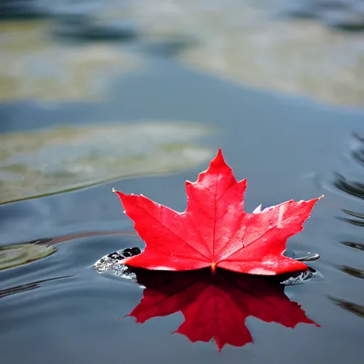 Image similar to close - up of a red maple leaf floating on top of a pond, with reflection