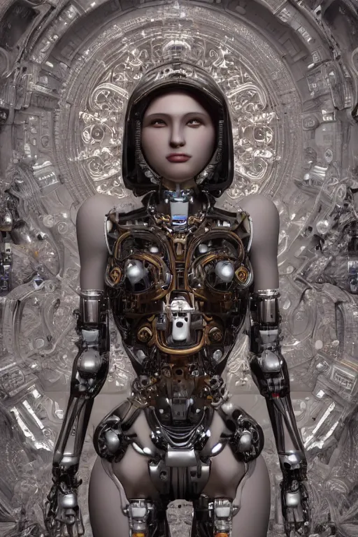 Image similar to a beautiful and young fully cybernetic female with 80% or her body made of mechanical parts adorned digital detail and some ornate geometric carvings , intricate, elegant, very detailed, hyper real, octane render, 8k, trending on Artstation