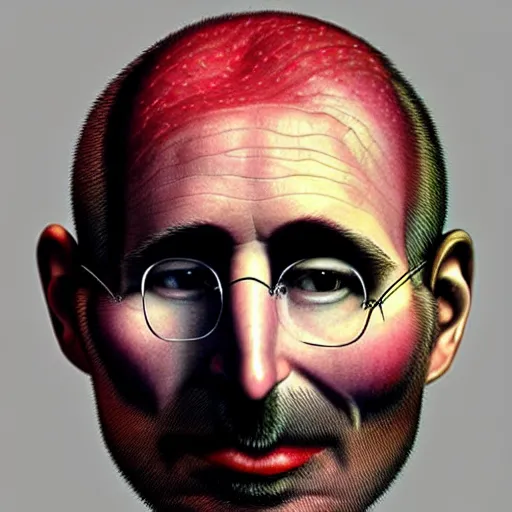 Image similar to apples arranged in the shape of a face resembling steve jobs, fantasy, intricate, elegant, highly detailed, lifelike, photorealistic, digital painting, artstation, illustration, smooth, sharp focus, art by giuseppe arcimboldo