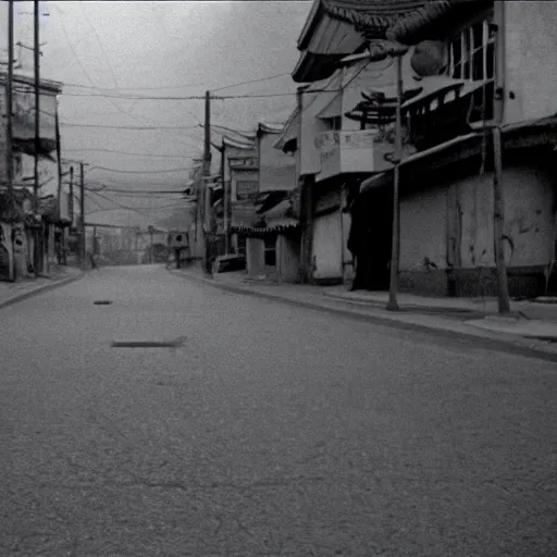 Image similar to 1950s Korean thriller film noir, a view of Shin Sang-ok in the middle of an empty scene, 35mm film, Cooke Varotal 20-100 T3.1