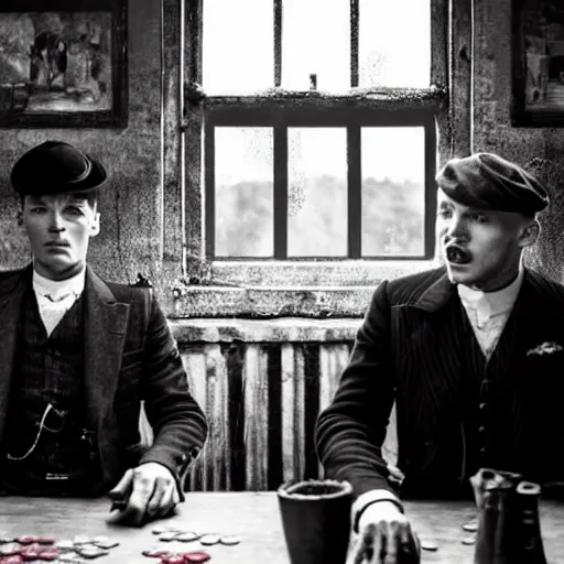 Image similar to a scene from peaky blinders, medium long shot, 3 / 4 shot, full body picture of cillian murphy and tom hardy, sharp eyes, serious expressions, detailed and symmetric faces, black and white, playing poker in an abandoned hut, epic photo by talented photographer ansel adams