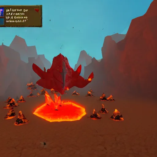 Image similar to TzKal-Zuk at the Inferno, old school runescape, lava river, magma, large shield of magma, obsidian pillars