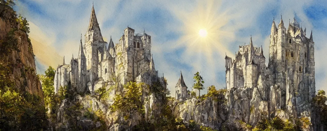 Prompt: white monastery with large tower upon sheer lime cliffs, a ray of sun illuminating, watercolour, high fantasy, extremely detailed