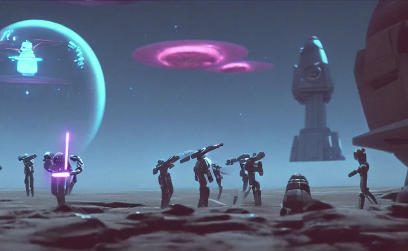 Prompt: still image screenshot floating jellyfish planet, jedi temples floating in mid air, from the tv show mandalorian on disney +, surreal scene with a dozen jedi soldiers igniting lightsabers looking up at - at imperial walkers, anamorphic lens, spaceships in the cloudy sky, 3 5 mm film kodak from empire strikes back 1 9 8 3, octane render