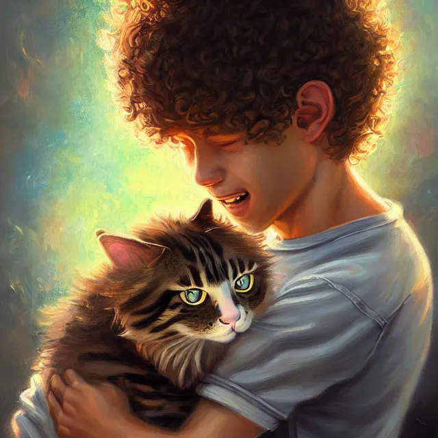 Prompt: portrait of a kind happy young boy with curly hair, hugging a cat, art by loish, ross tran, ilya kuvnishov, highly detailed, painting, beautiful moment, radiant light, intricate brush strokes, global illumination, intricate and detailed environment.