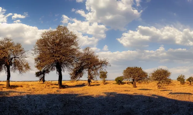 Image similar to panorama of big raindrops flying upwards into the perfect cloudless blue sky from a dried up river in a desolate land, dead trees, blue sky, hot and sunny highly-detailed, elegant, dramatic lighting, artstation, 4k, cinematic landscape, photograph by National Geographic