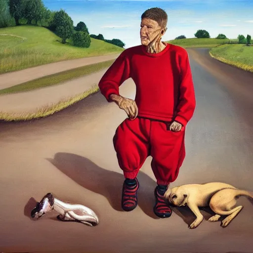 Image similar to a man in cheap and red used sportswear. he is smoking a cigarette. he is sitting on a dead dog. he is on the side of the road. he is wearing slippers. it is a rural scene, in poor village, dramatic lighting, hyper detailed, surreal, hyperrealism, oil painting