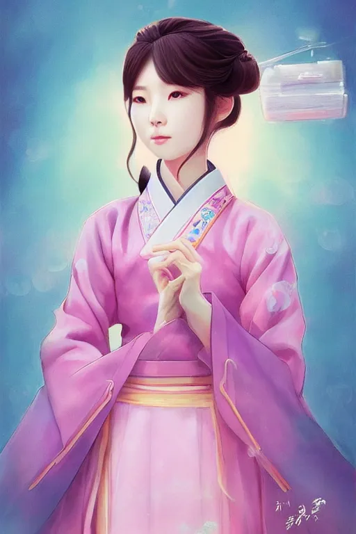 Image similar to pretty korean woman wearing beatiful hanbok, face by artgerm, bright pastel colors, studio ghibli painterly style, trending on artstation, tarot card