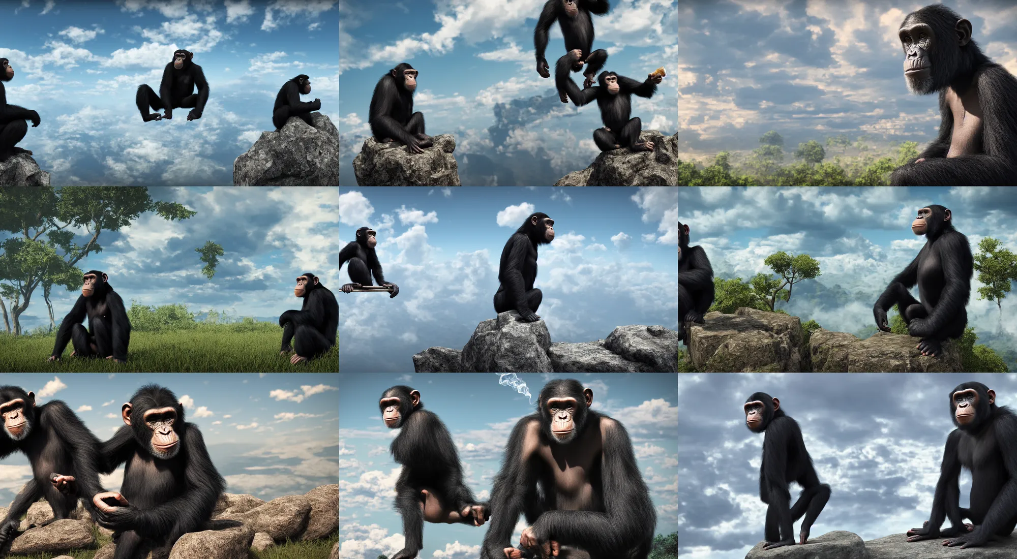 Prompt: unreal engine 5, 8 k, | a beautiful chimpanzee sitting amongst the clouds, high in the sky, smoking a joint and getting high as cloud 9
