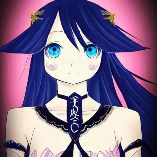 Prompt: beautiful female wizard, blue eyes, black clothing, daughter of death, cute, japanese style anime, intricate