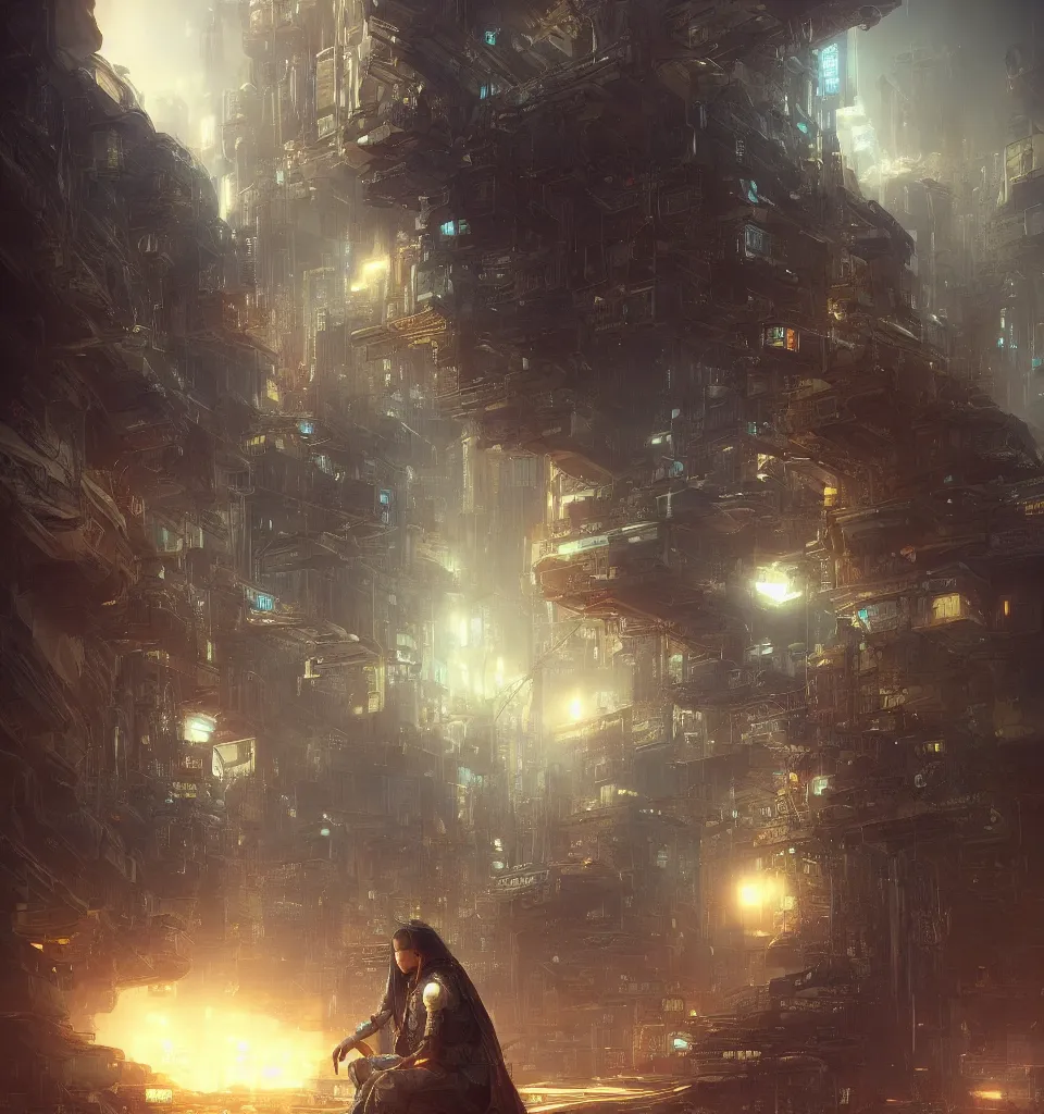 Image similar to small cybernetic traveler, cinematic, highly detailed, octane render, cg, rich cinematic atmosphere, perfect digital art, mystical journey in strange world, Mystical, cyberpunk, sci-fi, surreal, glowing lights, sharp focus, high detailed, by Akihiko Yoshida, michael whelan and Karol Bak