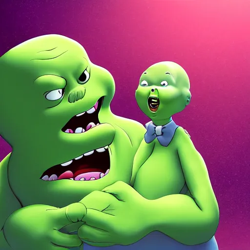 Image similar to slimer from ghostbusters kissing caillou, hyper realistic, digital art, high quality, high resolution
