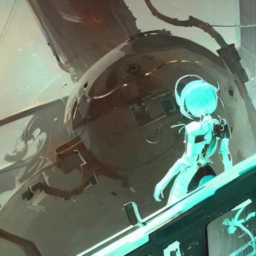 Prompt: white and teal colors. highly detailed post-cyberpunk sci-fi spaces ship in style of cytus and deemo, mysterious vibes, by Akihiko Yoshida, by Greg Tocchini, nier:automata, set in half-life 2, beautiful with eerie vibes, very inspirational, very stylish, surrealistic, perfect digital art, mystical journey in strange world, bastion game