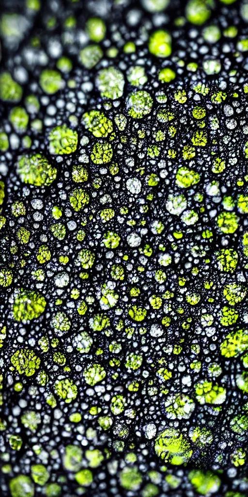 Image similar to closeup of rain on bright lichens on dark rock seen through a condensed lens, drop of waters , macro photography, DSLR, sony a7III, nature photography, 4K, 8K, cinematic lighting, collage, oil painting, high octane