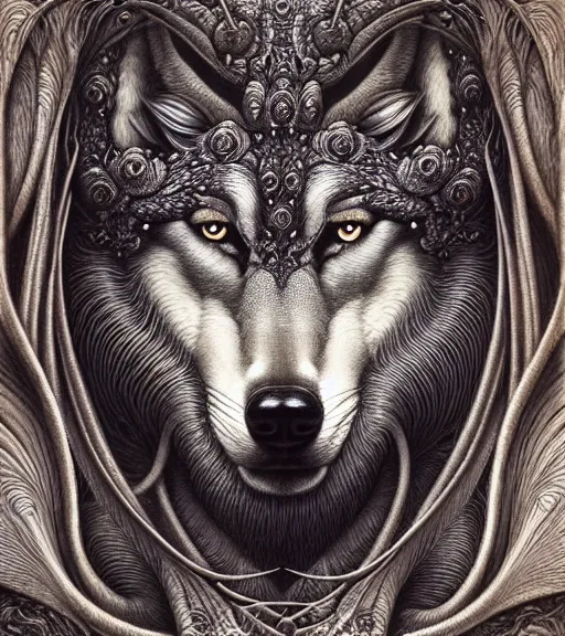 Prompt: detailed realistic beautiful wolf goddess face portrait by jean delville, gustave dore, iris van herpen and marco mazzoni, art forms of nature by ernst haeckel, art nouveau, symbolist, visionary, gothic, neo - gothic, pre - raphaelite, fractal lace, intricate alien botanicals, ai biodiversity, surreality, hyperdetailed ultrasharp octane render