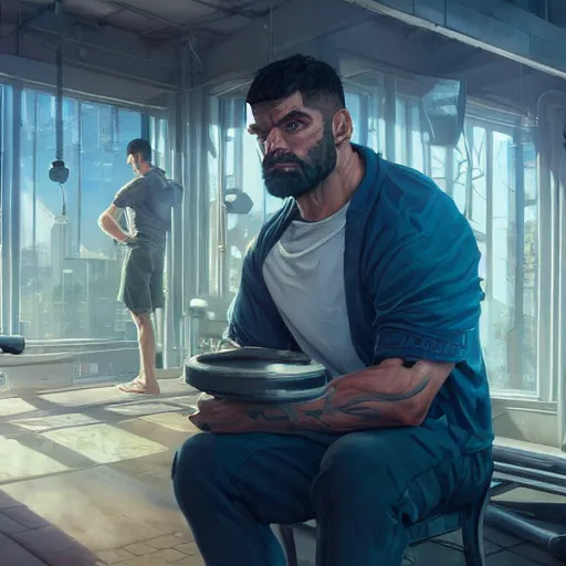 Image similar to highly detailed portrait of a gym bro in gta v, stephen bliss, unreal engine, fantasy art by greg rutkowski, loish, rhads, ferdinand knab, makoto shinkai and lois van baarle, ilya kuvshinov, rossdraws, tom bagshaw, global illumination, radiant light, detailed and intricate environment