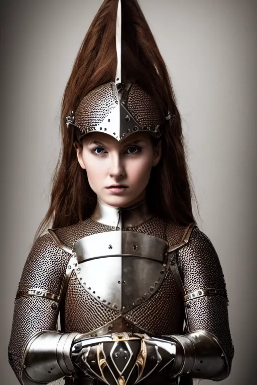 Prompt: female medieval knight, brown hair, by louis vuitton, luxury materials, symmetrical, cinematic, elegant, professional studio light, real dlsr photography, sharp focus, 4 k, ultra hd, sense of awe, high fashion
