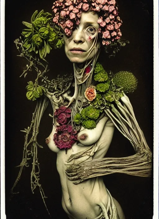 Image similar to beautiful and detailed rotten woman made of plants and many different types of flowers, muscles, intricate, organs, ornate, surreal, john constable, guy denning, dan hillier, manera, caravaggio, 1 9 1 0 polaroid photo