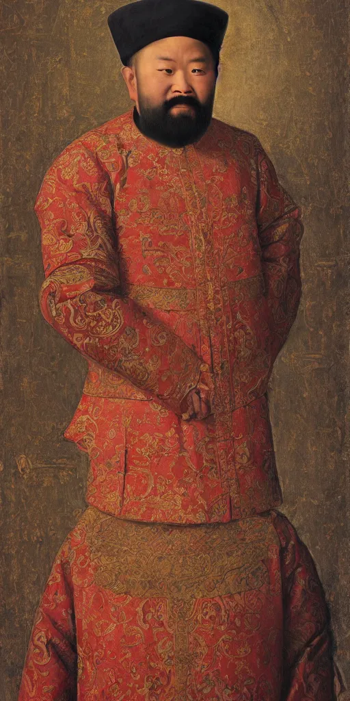 Image similar to Highly detailed and cinematic Renaissance period portrait oil painting of the Mongol Emperor Kublai Khan, an oil painting ((masterpiece)) by ((Josep Tapiró Baró)), dynamic lighting, 8K