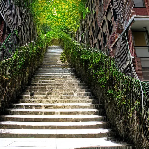 Image similar to a set of stairs with vines growing up them, a raytraced image by Tadao Ando, flickr contest winner, environmental art, streetscape, vray, national geographic photo