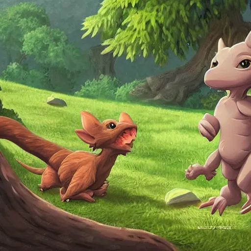 Image similar to A cute kobold is enjoying the sweet summer air under the shade of a great oak tree in summer. Ghibli style character focused artwork.