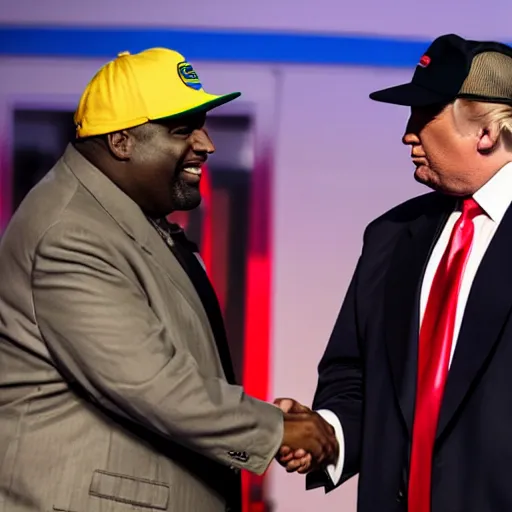 Prompt: patrice o'neal and donald trump shaking hands while smiling and laughing, ultra realistic, 8 k, photorealistic