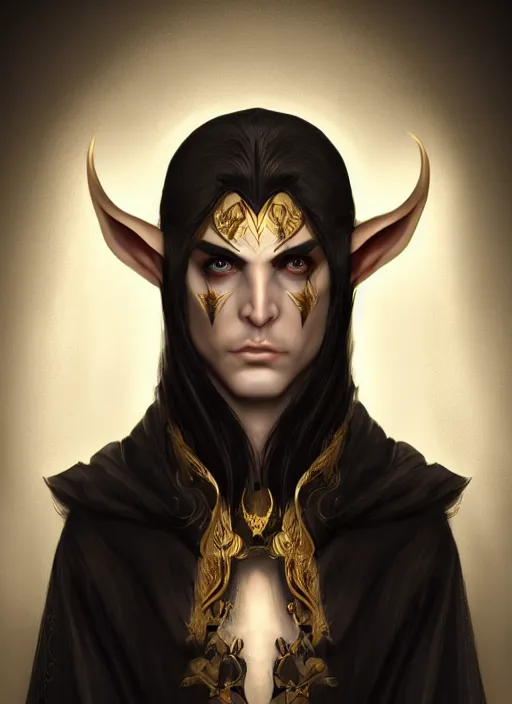 Prompt: beautiful male high elf, black and gold robes, charlie bowater, high resolution, cgi society, natalie shau, elegant, symmetrical face, sinister stare, realistic, no horns, long silver hair, trending on artstation