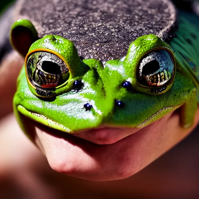 Image similar to man wearing a frog head, highly detailed, 4 k, hdr, smooth, sharp focus, high resolution, award - winning photo, boris valejo, photorealistic