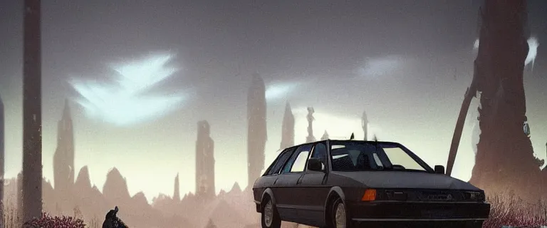 Image similar to Armored Audi 80 B3 Avant (1988) facing off a dark knight, The Elder Scrolls III: Morrowind, an epic fantasy, Morrowind, Consulting Vivec, dramatic lighting, cinematic, establishing shot, extremely high detail, photorealistic, cinematic lighting, artstation, by simon stalenhag