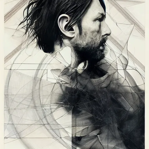 Image similar to hyper realistic portrait of similar version thom yorke shorter hair variations singer songwriter ok computer, ( side ) profile, liminal space, by lee bermejo, alphonse mucha and greg rutkowski