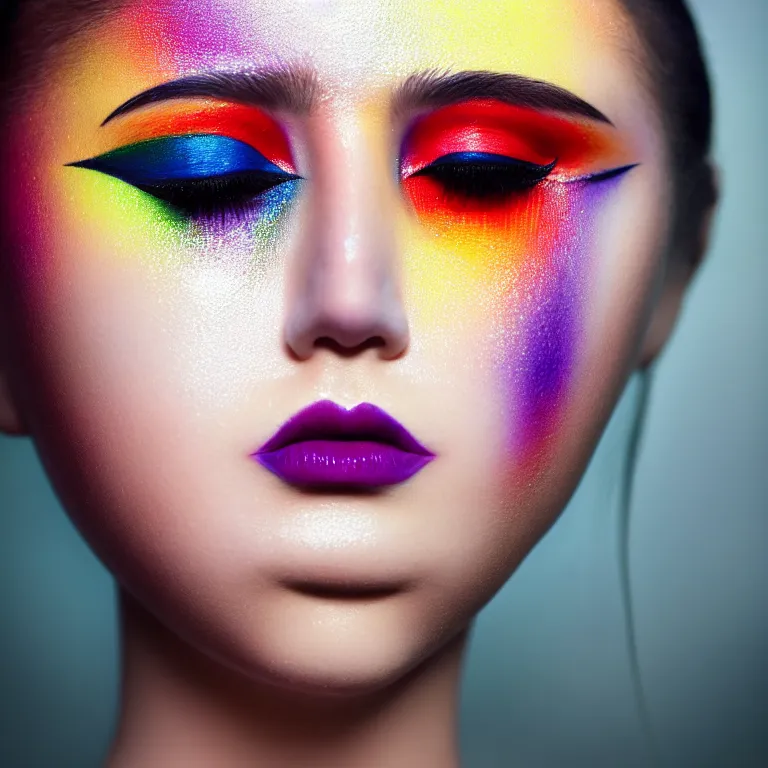 Prompt: amazing closeup symmetrical portrait of a young woman with beautiful colorful make up by Sir John, Pat McGrath, perfect colorful eyeshadows, 50mm portrait, beautiful detailed intricate insanely detailed octane render trending on Artstation, 8K artistic photography, photorealistic, dramatic volumetric cinematic perfect light, chiaroscuro, award-winning photograph, masterpiece, Raphael, Caravaggio, harsh flash photography