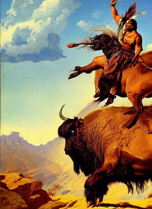 Image similar to beautiful native american riding bison, buffalo, powerful native american warrior, mountain range, beautiful sky, standing on the edge of a cliff, nineteenth century, painted by frazetta