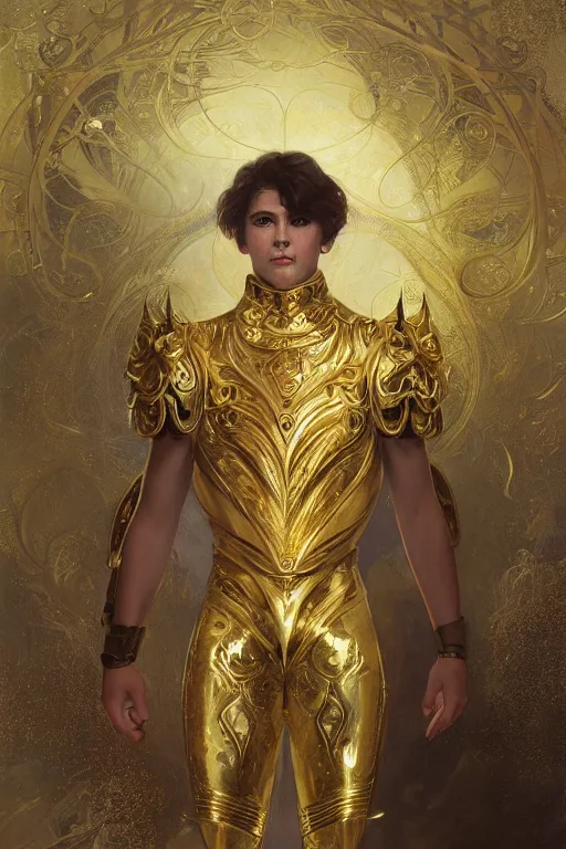 Prompt: young male magician in gold armor, gold hair, gold eyes, tanned skin, fantasy, intricate, highly detailed, digital painting, artstation, concept art, smooth, sharp focus, art by Artem Demura and Alphonse Mucha, ArtGerm, Valentina Remenar, Gaston Bussiere, Cedric Peyravernay