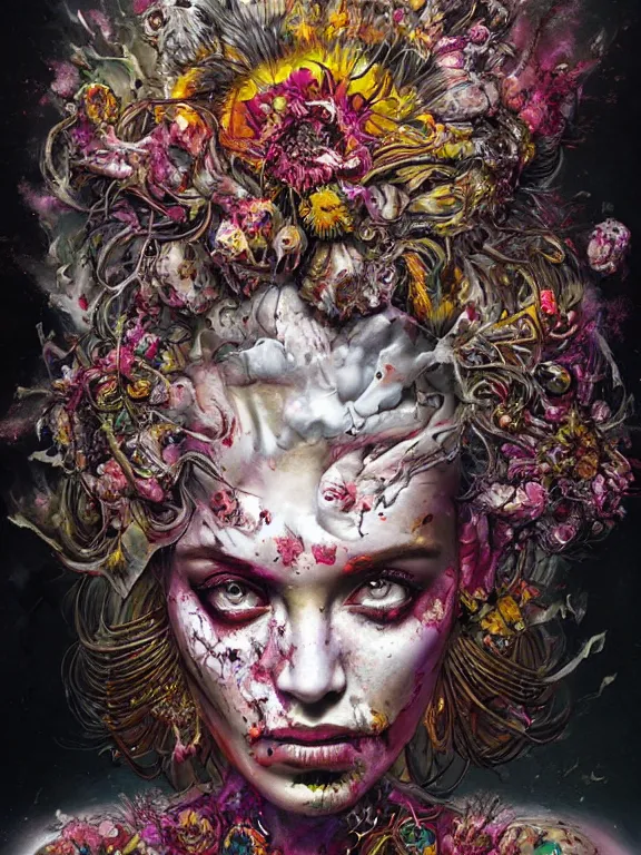 Image similar to art portrait of zombie queen with flower exploding out of head,8k,intricate ornate armour, by tristan eaton,Stanley Artgermm,Tom Bagshaw,Greg Rutkowski,Carne Griffiths,trending on DeviantArt,face enhance,giger,hyper detailed,minimalist,cybernetic, android, blade runner,full of colour,