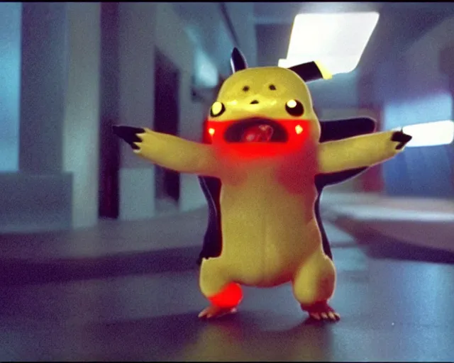 Image similar to Terminator pikachu, scene where his endoskelet gets exposed his eye glows red, still from the film