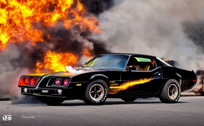 Image similar to a black 1 9 7 3 pontiac firebird trans am sd - 4 5 5 driving high speed, fire explosion in the background, action scen. realistic