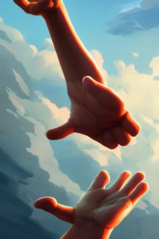 Image similar to a hand reaching out to another hand, behance hd by jesper ejsing, by rhads, makoto shinkai and lois van baarle, ilya kuvshinov, rossdraws global illumination ray tracing hdr radiating a glowing aura