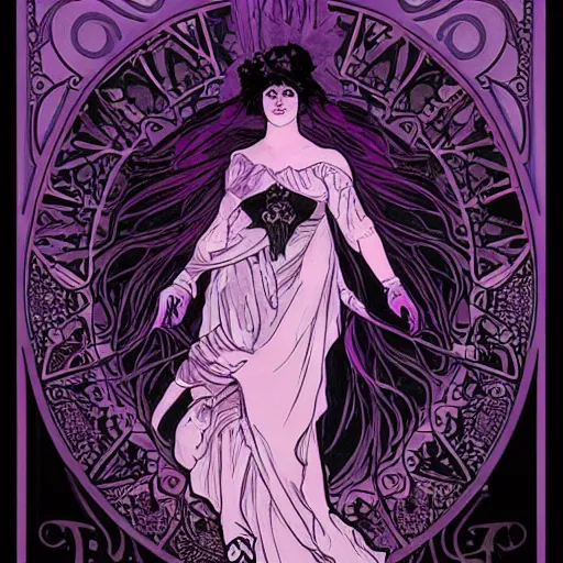 Image similar to a dark witch with black and purple designs and clouds, by alphonse mucha. elegant decoration. beautiful gradients. dark atmosphere. trending on artstation, behance.