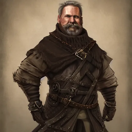 Image similar to portrait, 50 years old man :: short, stocky build :: dark, short hair and a whisker :: medieval leather workwear :: high detail, digital art, fantasy, RPG, concept art, illustration